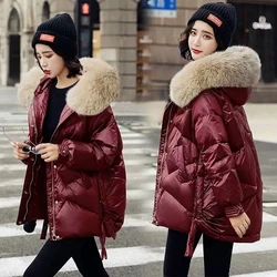 2023 Winter Down Cotton Jacket Women Casual Loose Thicken Warm Parkas Fur Collar Hooded Overcoat Wine Red Waterproof Coat Female