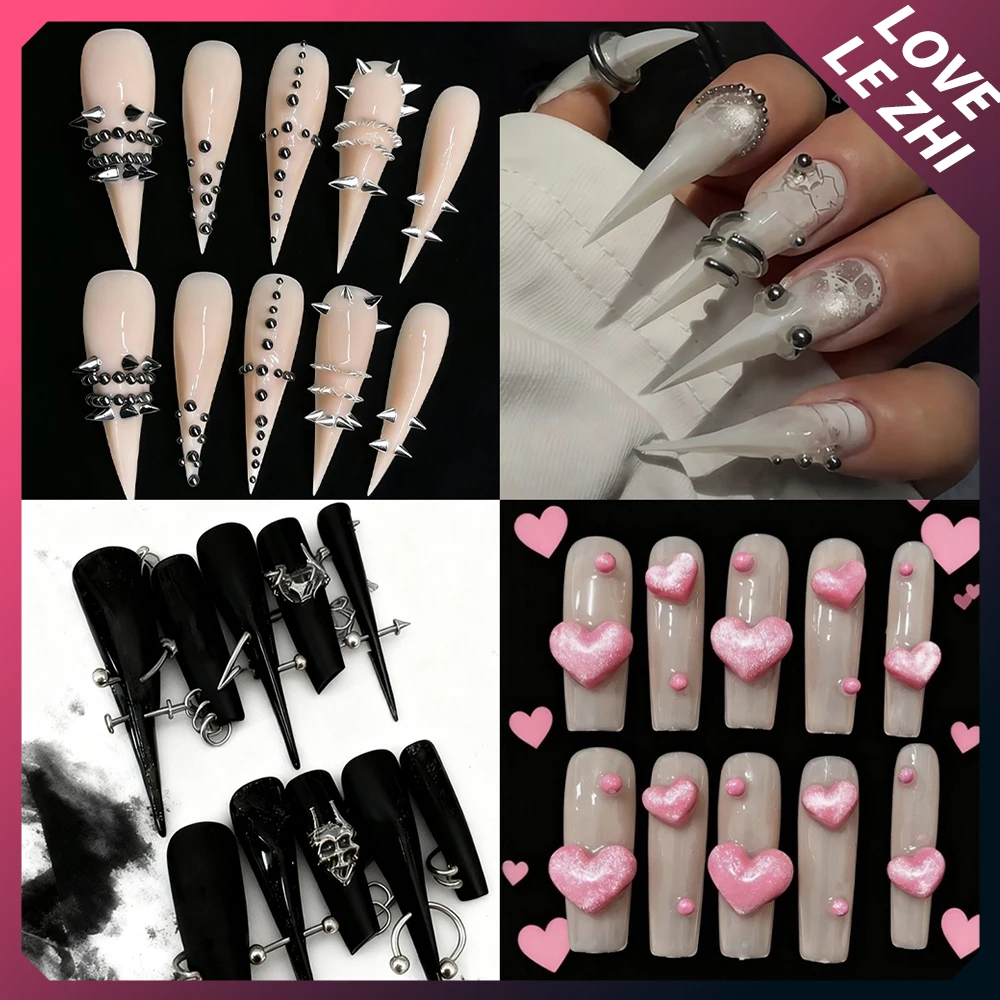 

10Pcs Spice Girl Long Beast Claws Square Handmade Wearable Press On Nails Metal Rivets Chain Diamond Colorful Full Cover Nails