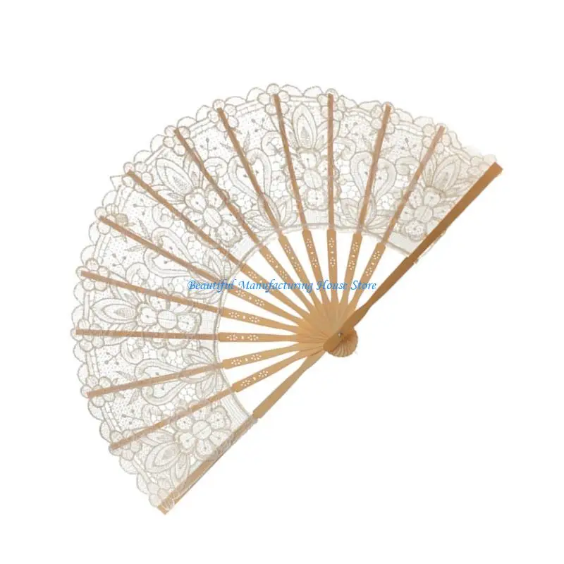 E56A مروحة دانتيل ملحقات حفل الزفاف عروض الرقص الأساسية المجوفة التطريز المحمولة مروحة لاستحمام الزفاف