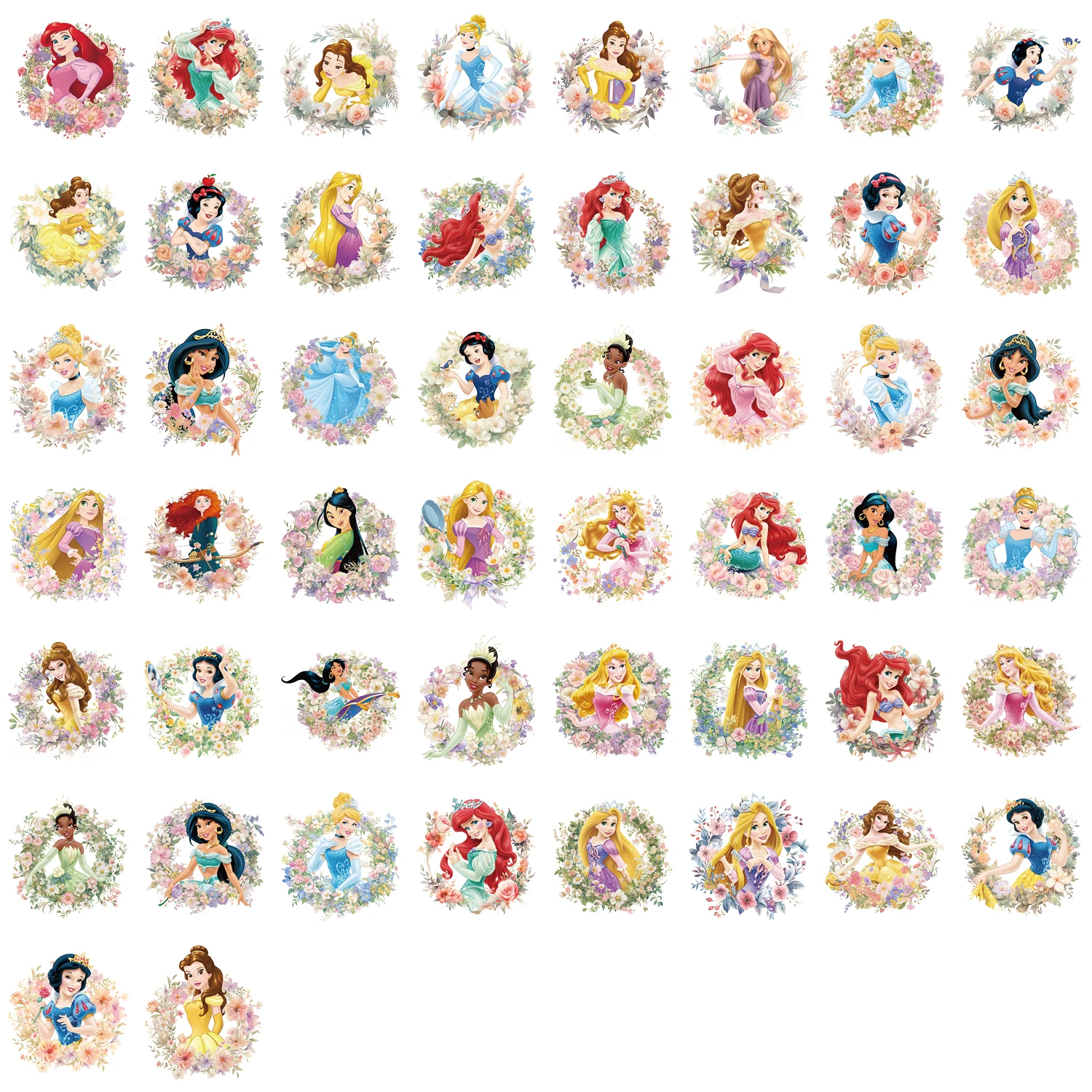 50 Stück Disney Prinzessin Ariel Schneewittchen Blumen Aufkleber DIY Handyhülle Material Handbuch Wasserbecher Pflanze Transparente PET-Aufkleber