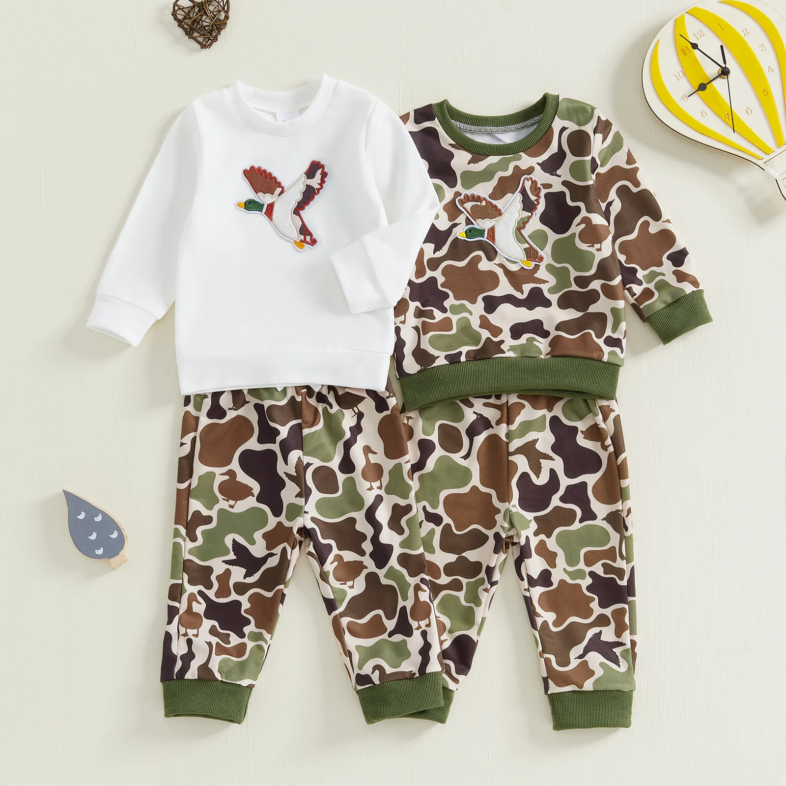 FOCUSNORM 0-4Y Autumn Kids Boys Casual Clothes Sets Cartoon Embroidery Long Sleeve Sweatshirts and Camouflage Pants