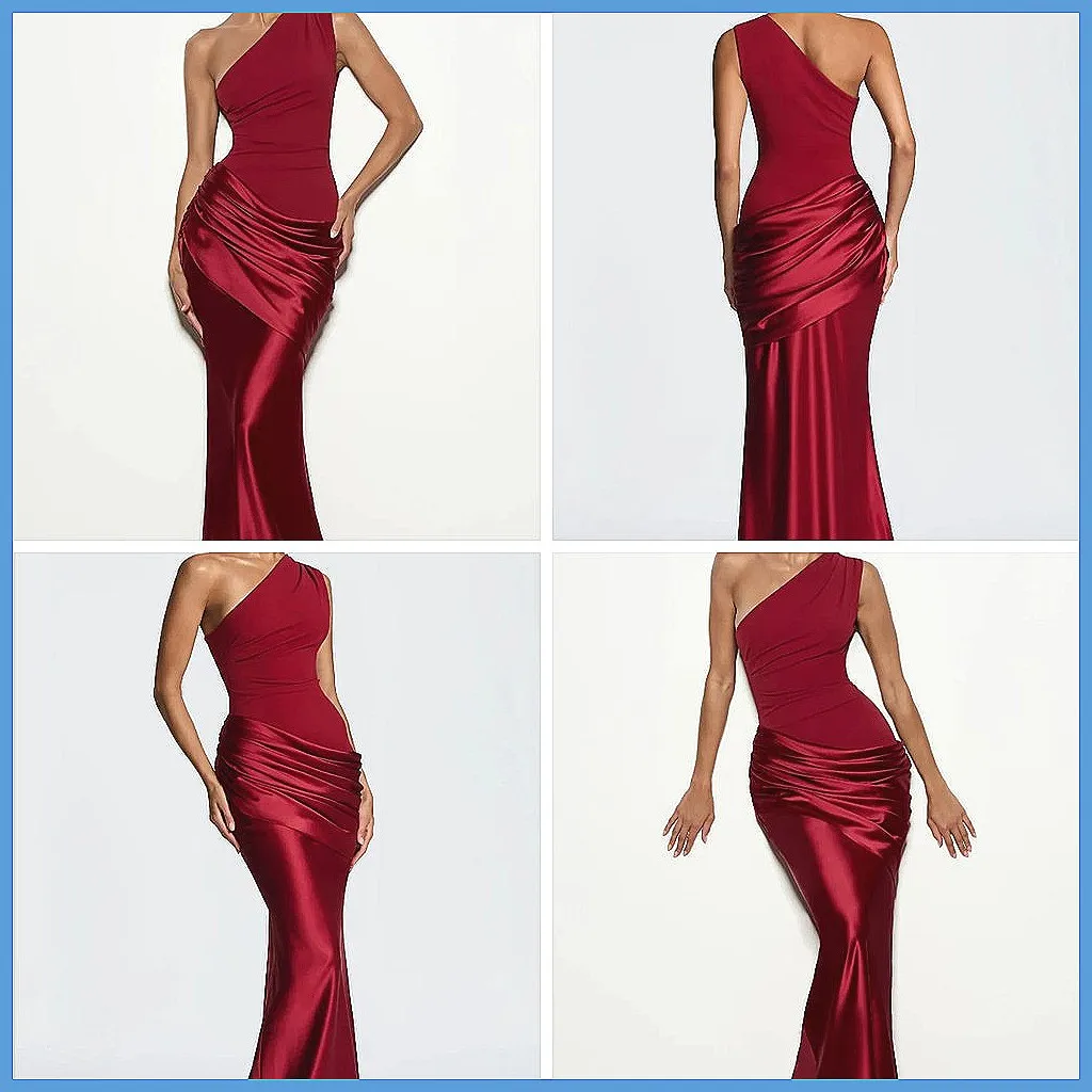 

Elegant 2026 Satin Long Dress for Women, Asymmetrical Neck & Lace Patchwork, Party Evening Gown (72 characters)