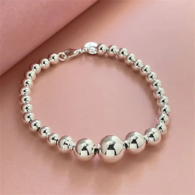 

925 Sterling Silver Vary Size Full Smooth Bead Bracelet 20cm For Women Girl Wedding Engagement Jewelry