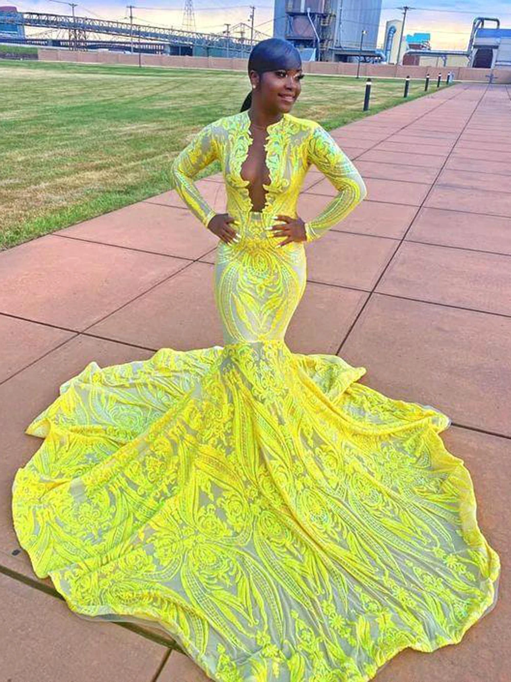 Lace Appliques Evening Dresses African Mermaid Sexy Deep V Neck Sequin Formal Party Prom Gowns Vestido De Noche Customized