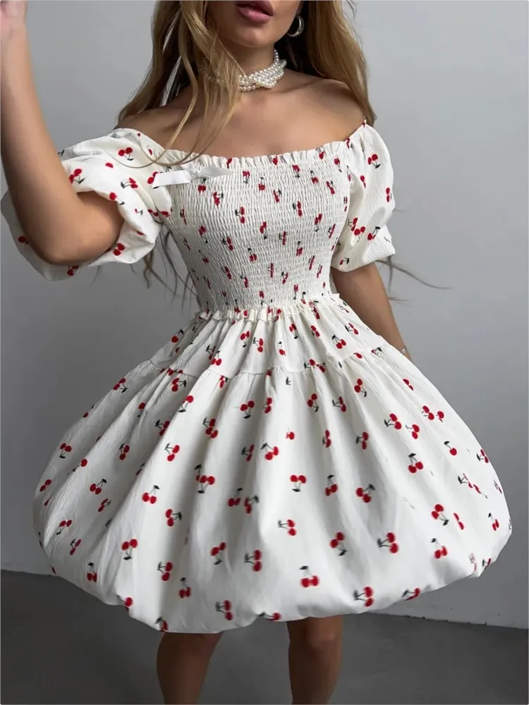 

New Fashion Square Neck Bubble Sleeve Dresses Women's Summer Waist Cinching Short Skirt Sweet Girl Printed Slim Fit Short Dress