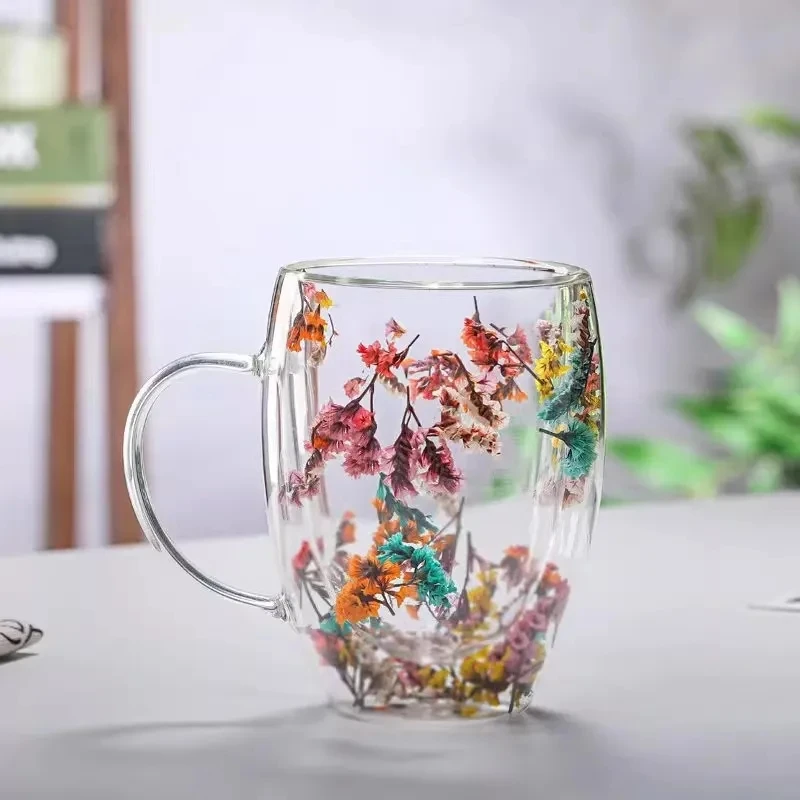 4pcs Dried Flower Double Wall Clear Glass Coffee Mugs Double Insulated Glass Cup For Hot Cold Beverages Latte Espresso Cup