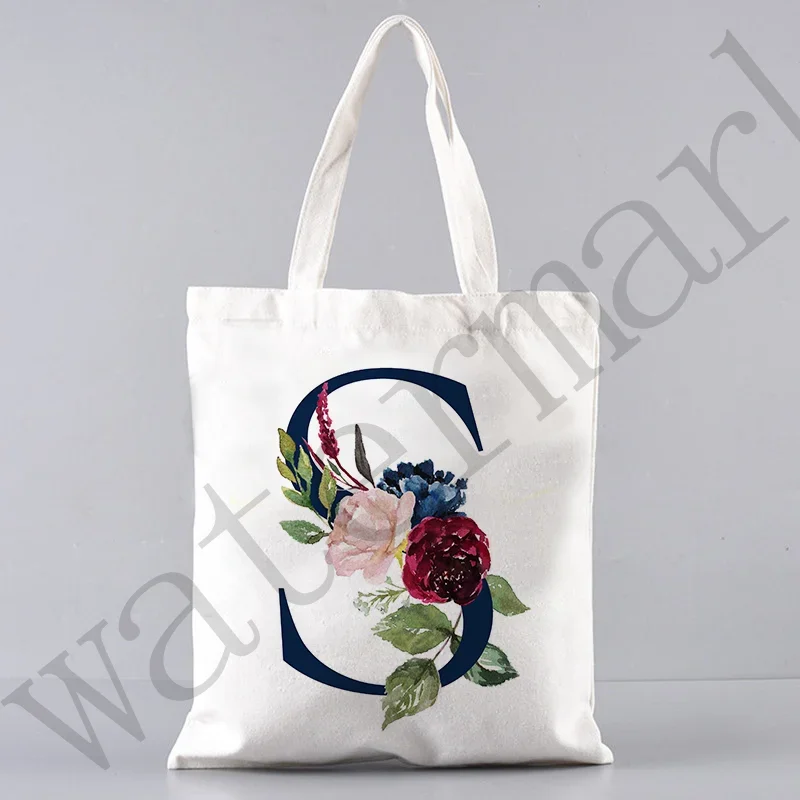 Flower Letter Initial Name Pattern Printed Women tote Shopping Bag Casual Large Canvas Shoulder Bag  Bridesmaid Wedding Gift