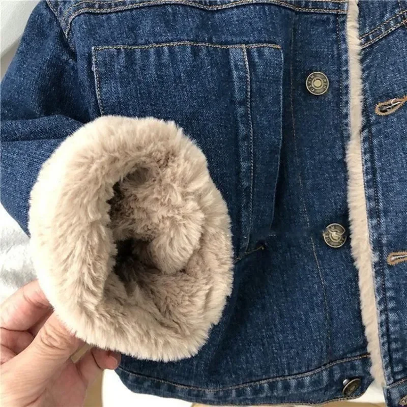 2024 Autumn Winter Children Big Boy Outerwear Coat Fleece Thicken Warm Toddler Boys Denim Jacket Kids Girls Parkas 2-11 Yrs