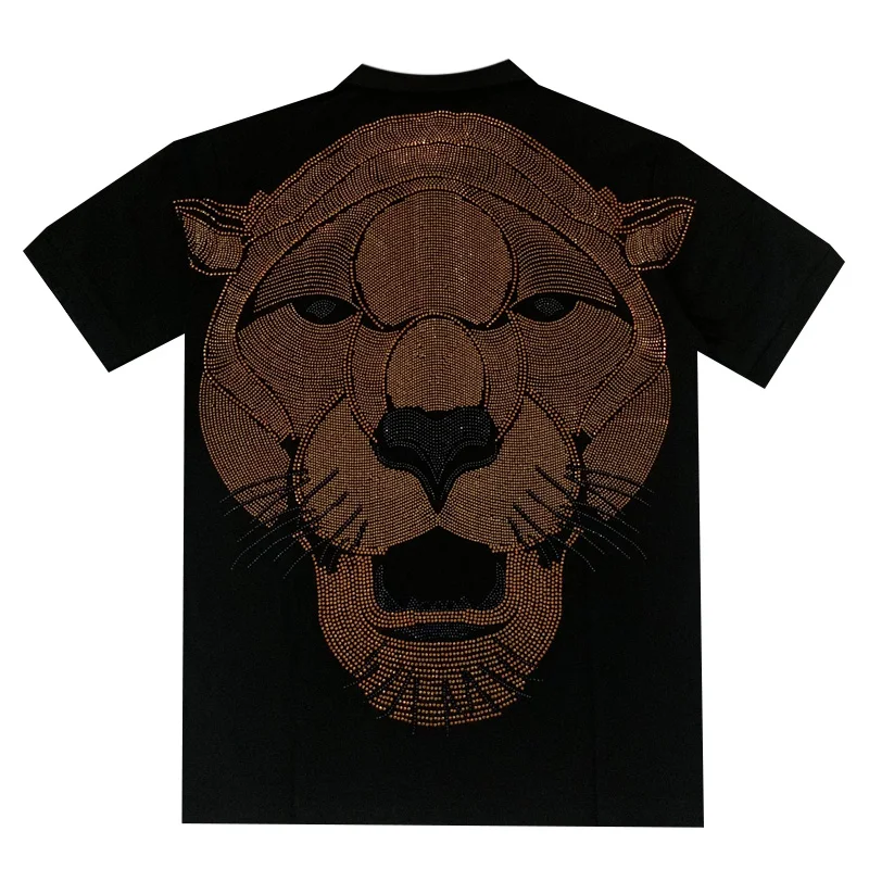 Fashionable Heavy Embroidery Hot Drilling Leopard T-shirts Men\'s Fashion Embroidered Lapel Trendy Male Slim Polo Shirts