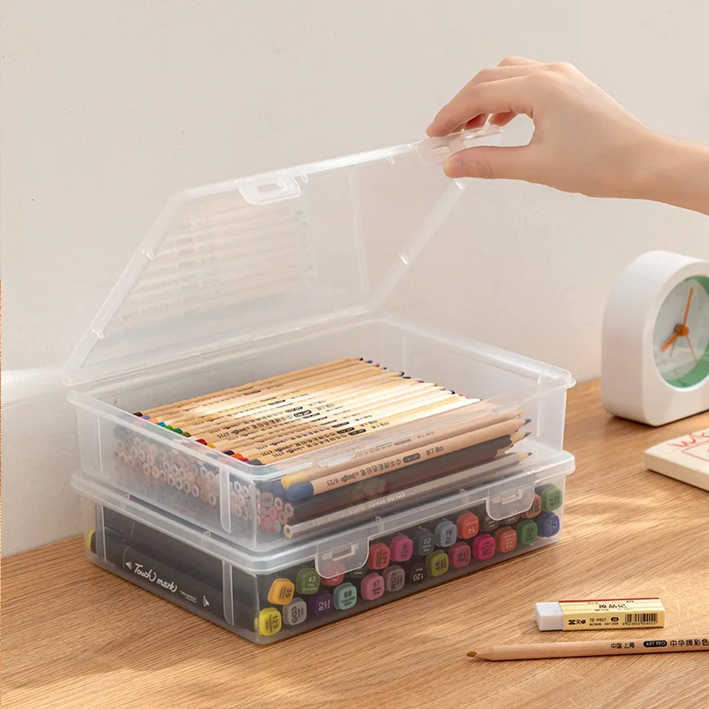 Clear Plastic Marker Storage Box Stackable Dustproof with Lid Art Supply for Colored Pencils Crayons Brushes School Stationery