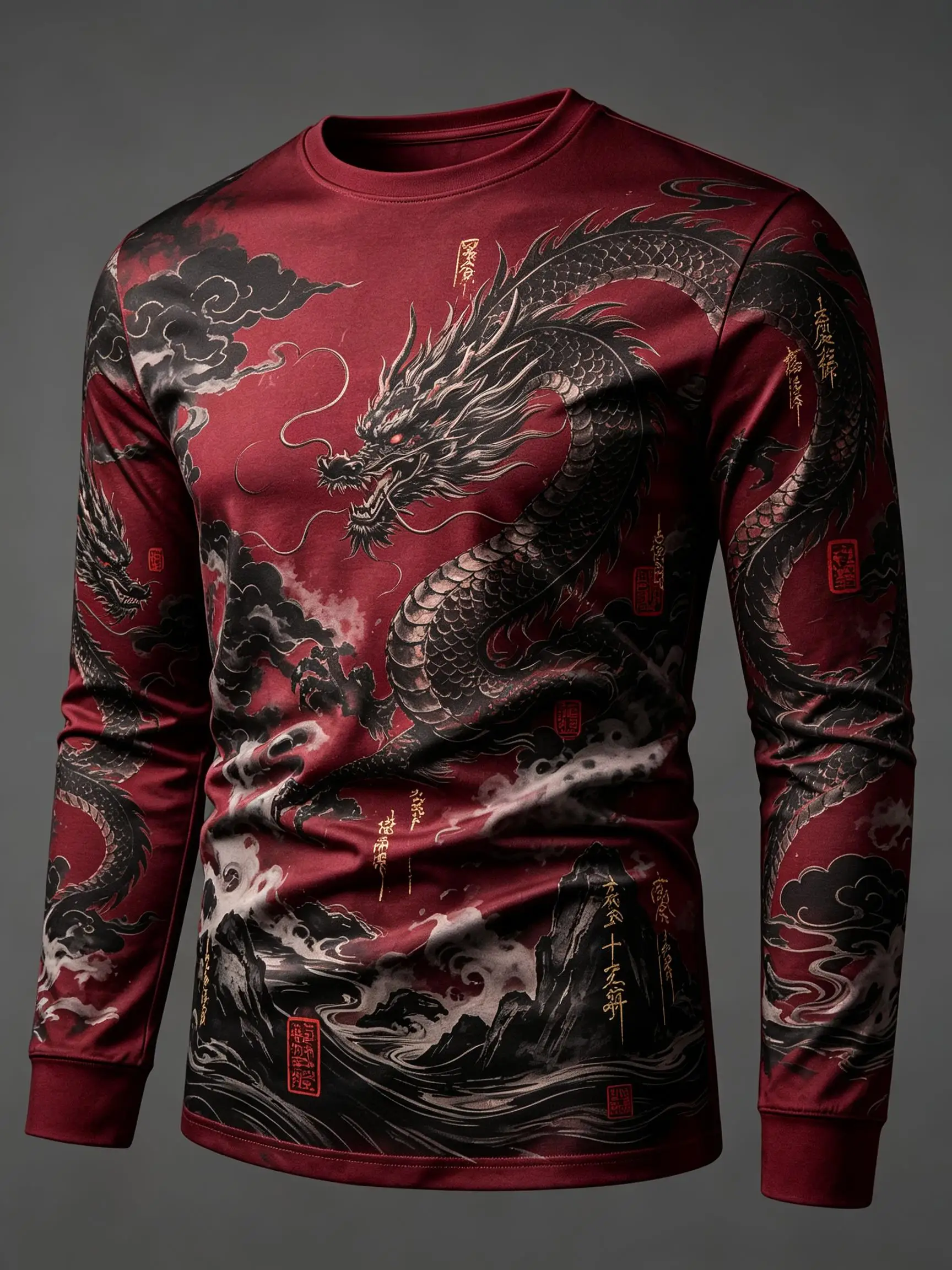 Mens Casual Long Sleeve T-shirt Wine Red Chinese Dragon Cloud Mountain Print Fashion Blouse