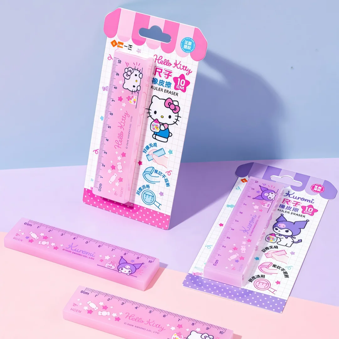 Authentic Hello Kitty Kuromi Ruler Eraser 10cm Dual-Purpose Ruler Eraser Cute Cartoon Stationery Gift for Primary School Students