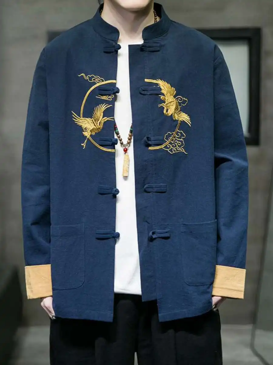 

Men's Long Sve Cotton Linen irt Embroidered Retro Button Coat Autumn Faion Loose Fit Travel Suitable Pure Color Design