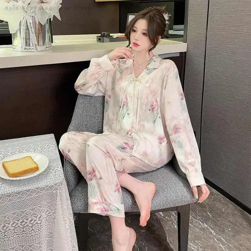 

Женские пижамы из 2 предметов, домашняя одежда, пижамный костюм, домашняя одежда с длинными рукавами, мягкий атласный принт, одежда для сна в китайском стиле, рубашка с лацканами и брюки