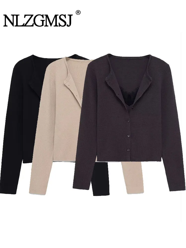 

NLZGMSJ Women Cardigan Lace Patchwork Sweater Spring Fall Thin Knitted Long Sleeve Single Breasted Sweater Coat Crop Top