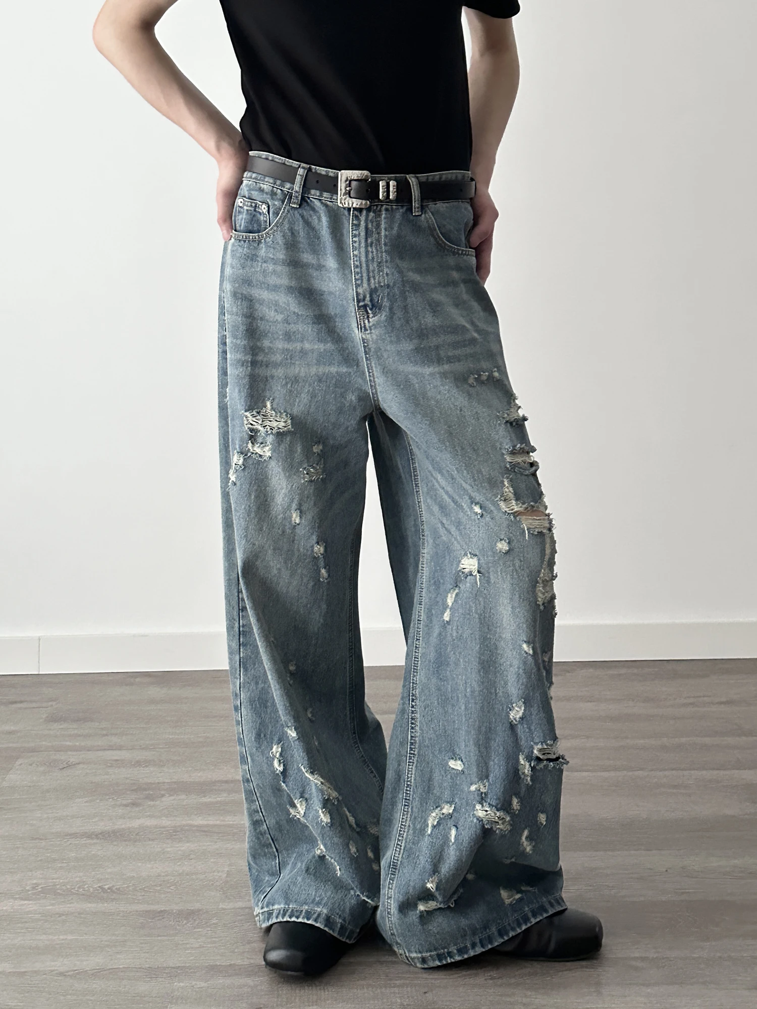 2025 여름 신상 미국 스타일 홀 데님 남성 레트로 루즈핏 하이 스트릿 데님 바지 남성 멋진 스트레이트 와이드 레그 데님 팬츠