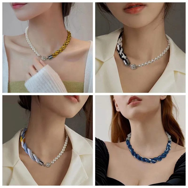 Hot!New Pearl Scarf Necklace Magnetic Buckle Bracelet Versatile Lazy Multi functional Decorative Clavicle Chain Silk Scarf