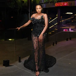 2024 Black Prom Dresses Long Abendkleider Heavy Crystals Beaded Tassel Mermaid Evening Gowns Custom Made Party Drerss One Sleeve