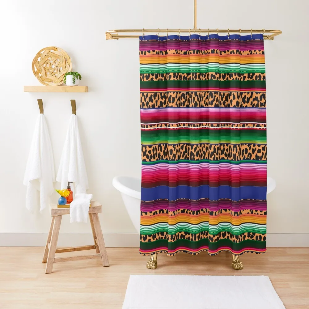 

Beautiful Mexican Serape and Leopard Print Shower Curtain Set For Bathroom Bathroom Accessorys Bathroom Fabric Curtain