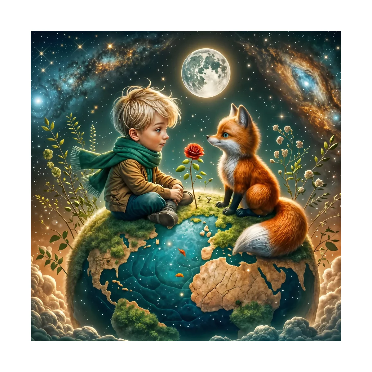 1 Stück 40x40 cm/15,74 Zoll, 11Ct/14Ct Kreuzstich-Set, DIY-Valentinstagsgeschenk, Stickerei-Set für Festivals, Junge und Fuchs auf der Erde – Detail 3