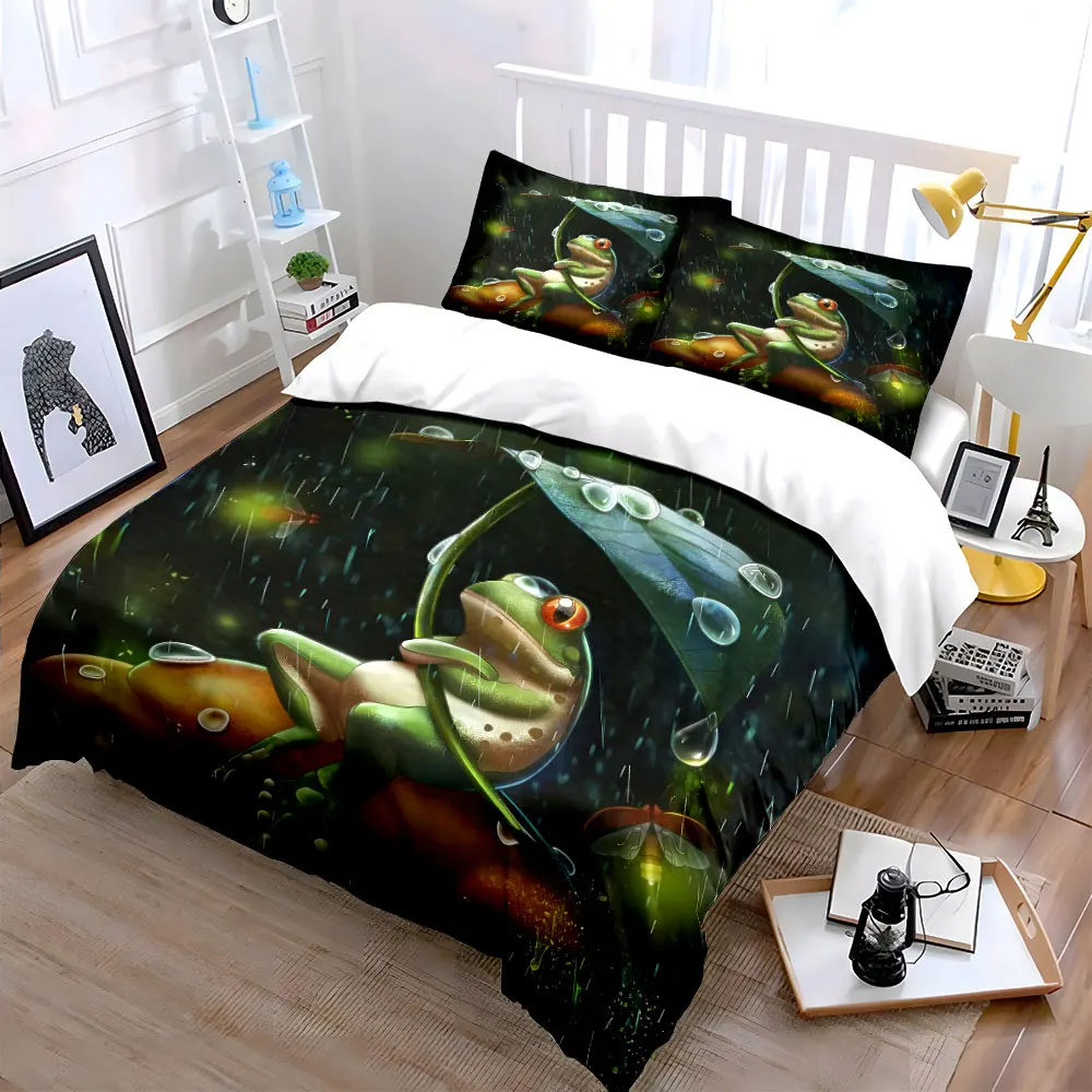 Frog Sheltering With Leaf Print Bedding Set 1 Duvet Cover 2 Pillowcases for Adult and Children Luxury Gift Full Size