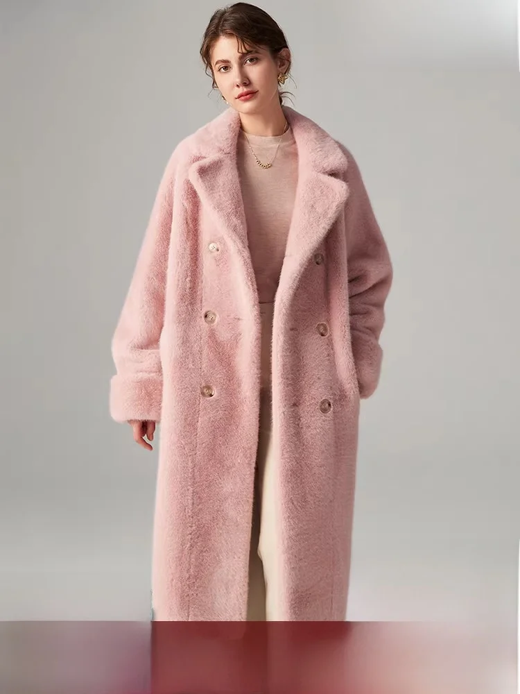 

High-End Mink Velvet Fur Coat Women's Mid-Length Double-Breasted Thiened Eco-Friendly Inteated Leather Fur Coat