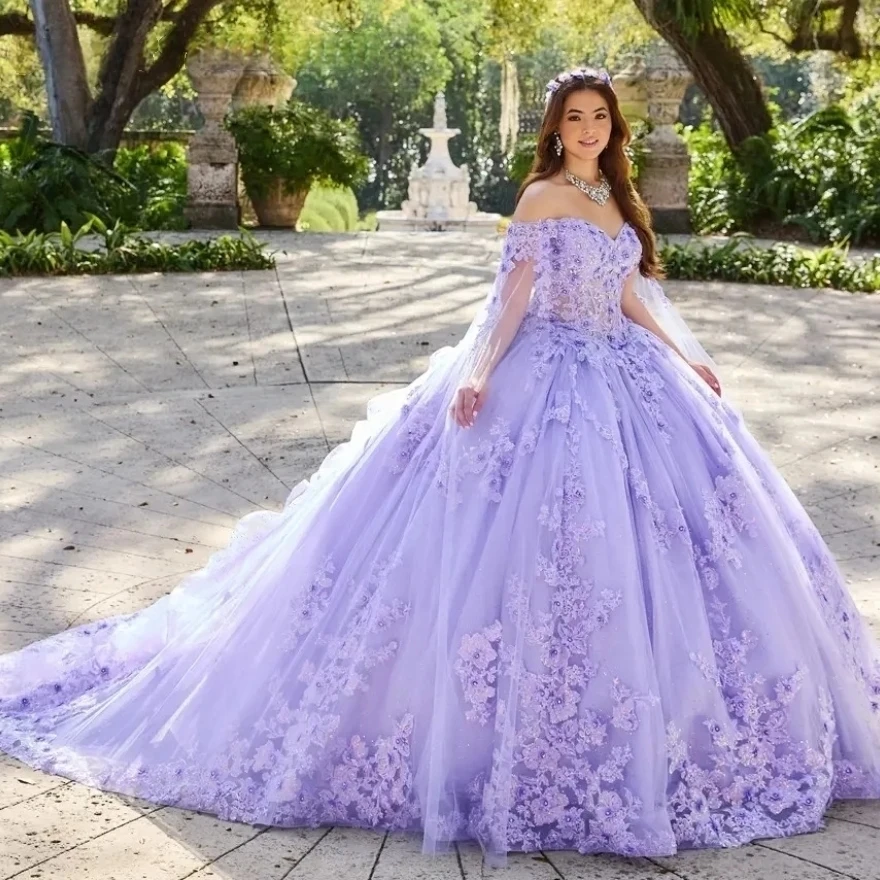 

2025 Lilac Lace Appliques Quinceanera Dresses Beaded Floral Off Shoulder Princess Birthday Special Ocn Dress Ruffles Tulle Ball