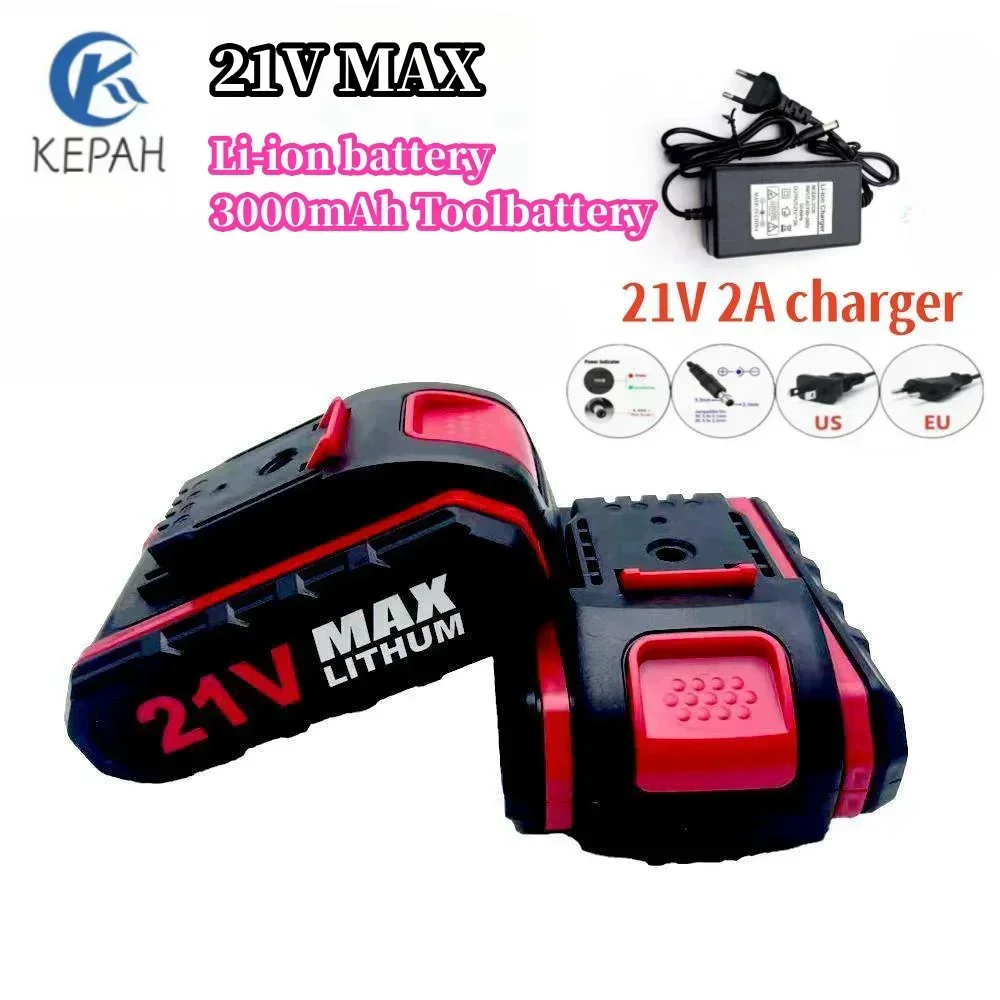 Batería de litio de 21V Max, 3000mAh, destornillador inalámbrico, batería de repuesto para herramienta eléctrica, taladro eléctrico, etc. Cargador 21V2A