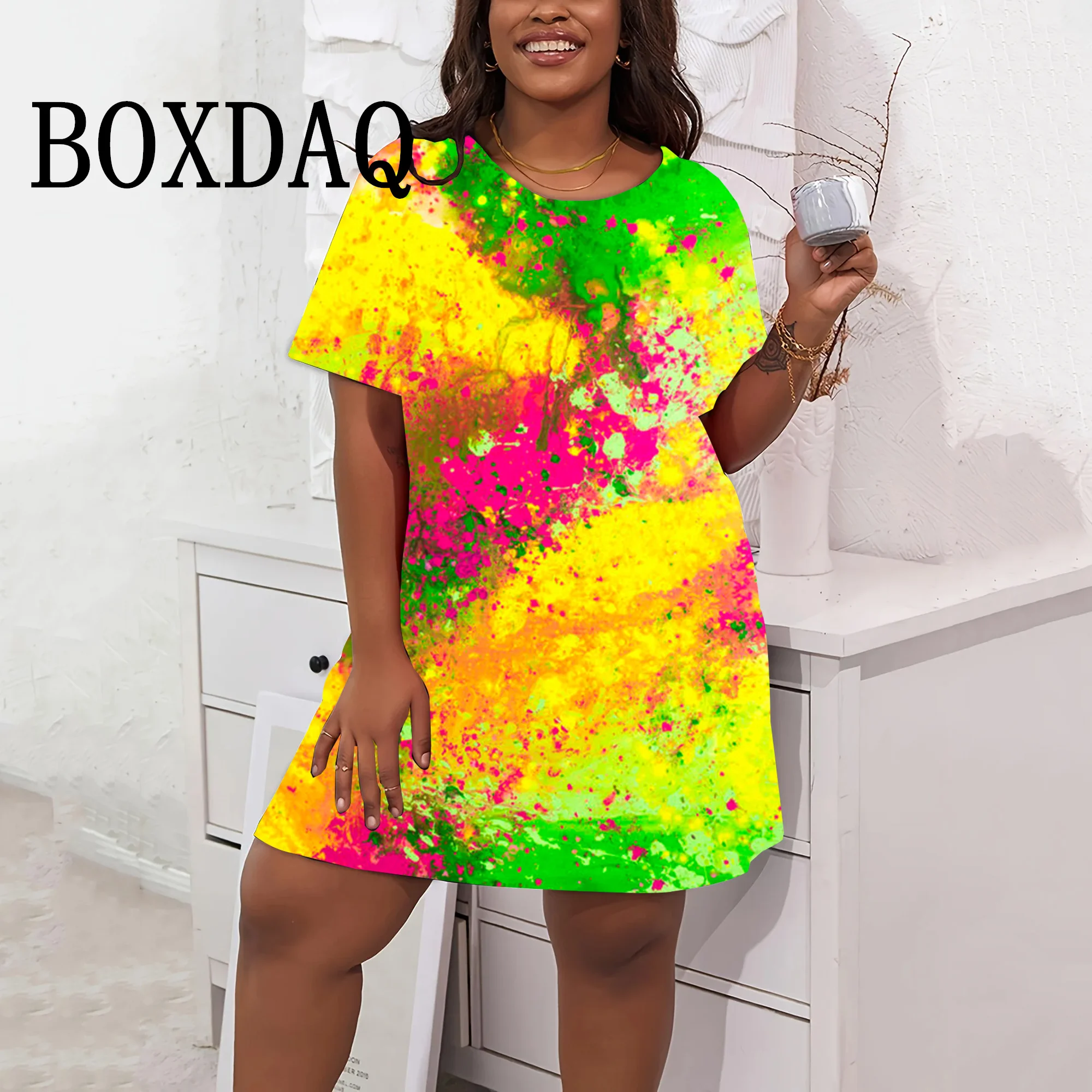 Colorful Tie Dye Splash-Ink 3D Print Women's Summer Dress Y2K Street Fashion Casual Short Sleeve Loose Plus Size Dresses 8XL 9XL