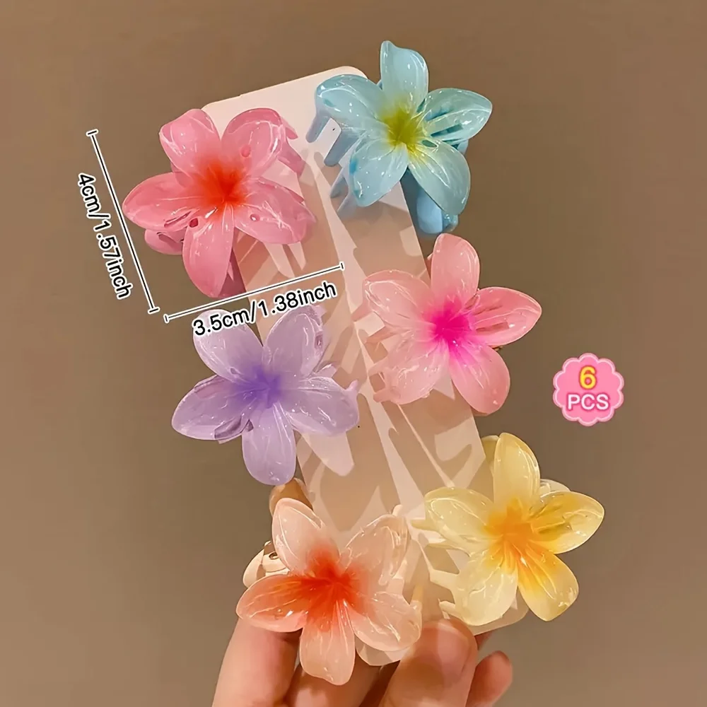 6 Stück Haarspangen mit Farbverlauf-Blumenmuster, aus Polyestergewebe, in verschiedenen Farben, mit Popkultur-Motiv, im modischen Design. – Detail 2