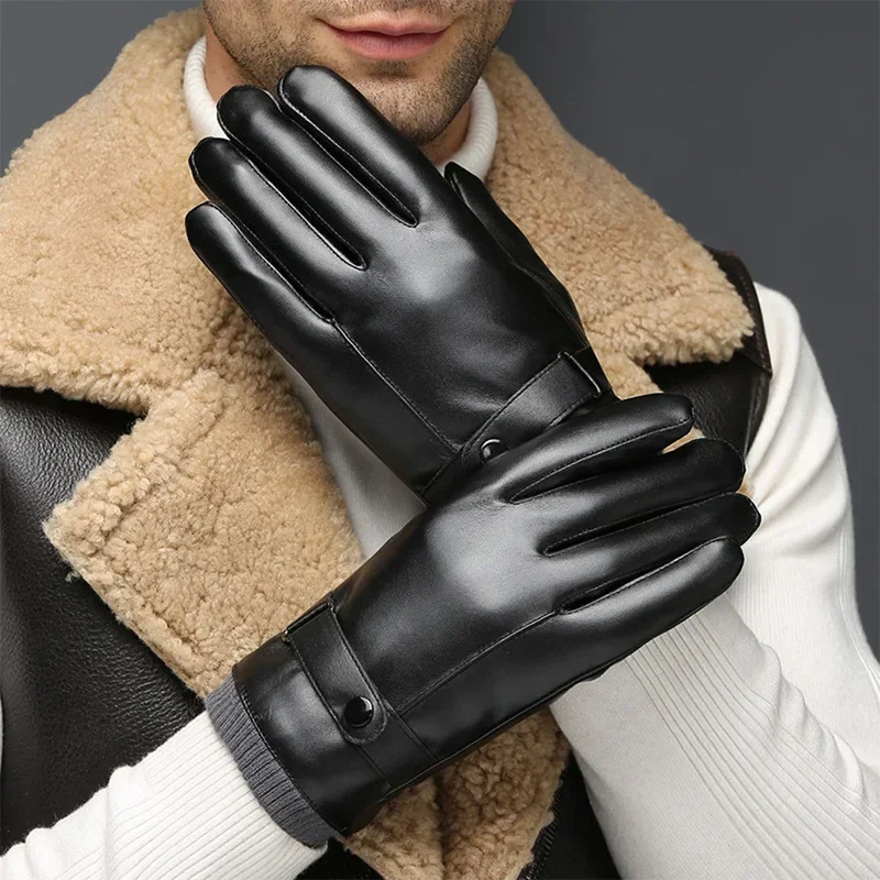 

2024 New High Quality Men Genuine Sheepskin Leather Gloves Autumn Winter Warm Touch Screen Full Finger Black Gloves