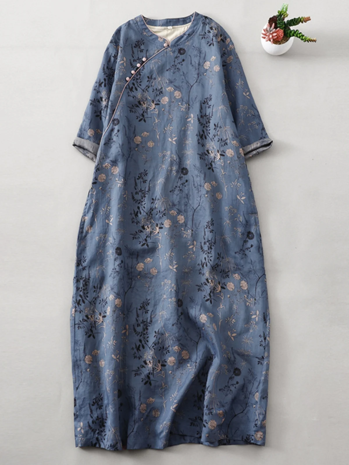 

Женское платье-Ципао в китайском стиле, свободное Повседневное платье с полурукавами и цветочным принтом, новый дизайн 951