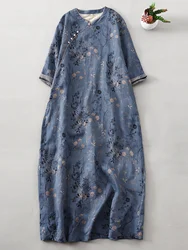 951 New Design Reformed Cheongsam For Women Chinese Style Vintage Flower Printed Half Sleeve Loose Casual Dresses Female Clothes