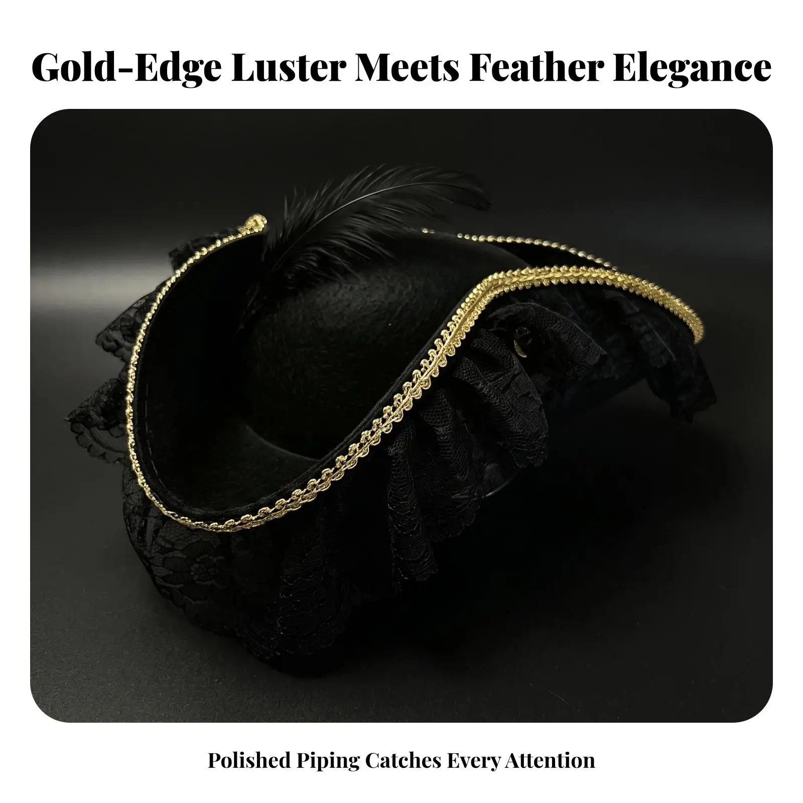 Decorative Lace Pirate Hat for Halloween Party Adult Tricorn Costume Hat with Gold Braid for Fantasy Roleplay