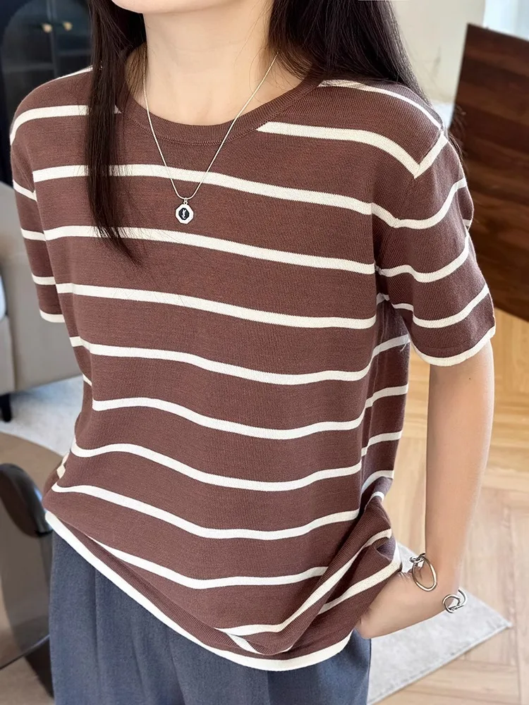 تي شيرت نسائي جديد محبوك من القطن الخالص لعام 2025 تي شيرت نسائي مستدير Ne مخطط اللون بلو فضفاض للتخسيس غير رسمي f Sve irt