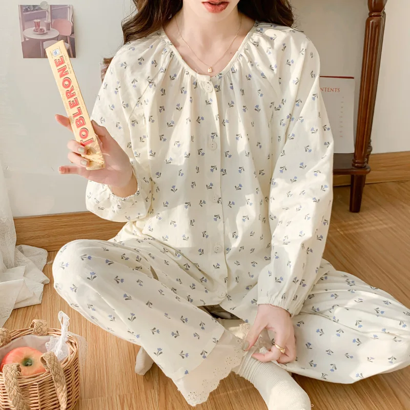 Pure Cotton Clothes For Nursing Mothers Double Layer Gauze Floral Print Breastfeeding Pajamas Room Wear Sleepwear