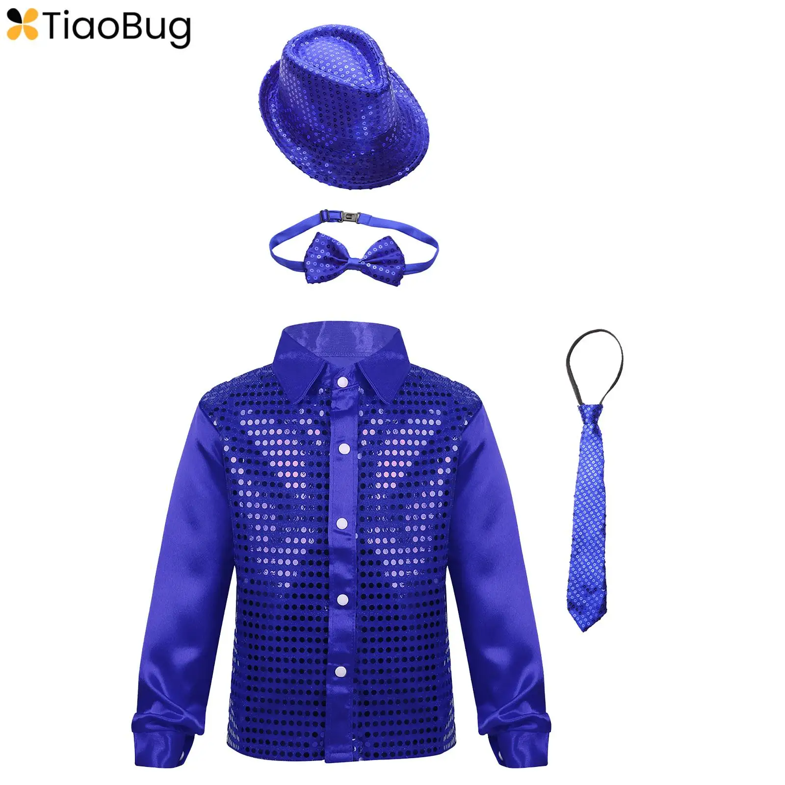 

Kids Boys Girls Sequins Jazz Dance Tops Shirt with Hat Bowtie Necktie Hip-hop Choir Disco Party Stage Performance Costume