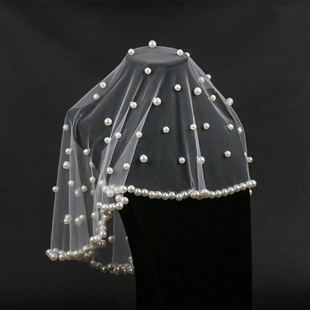Novas pérolas contas noivas véu francês curto véus de casamento branco preto vermelho tule cabeça da noiva gaze headpieces