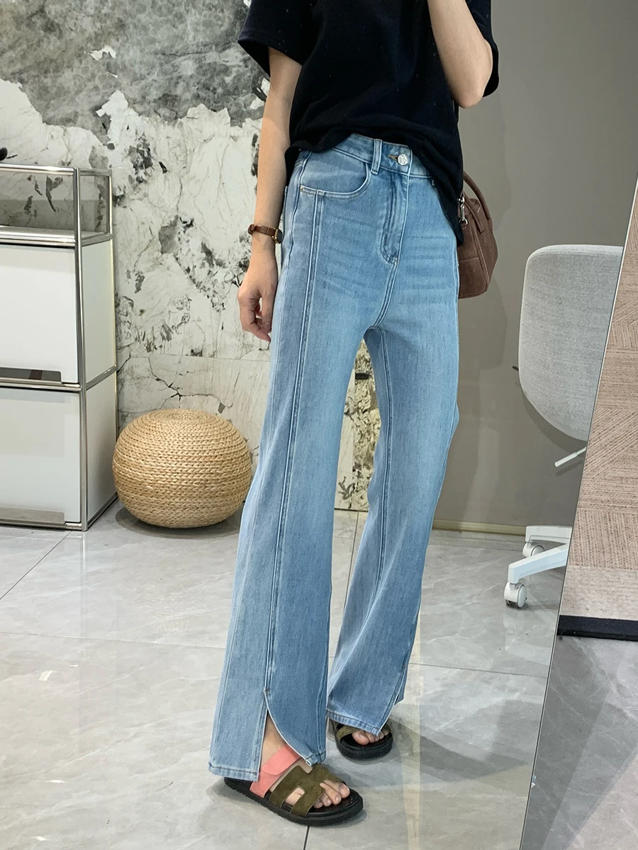 

Light Blue High Waist Stretchy High Rise Skinny Denim Jeans Women's Spring Waed Straight Leg Wide Leg Pants Long Trousers