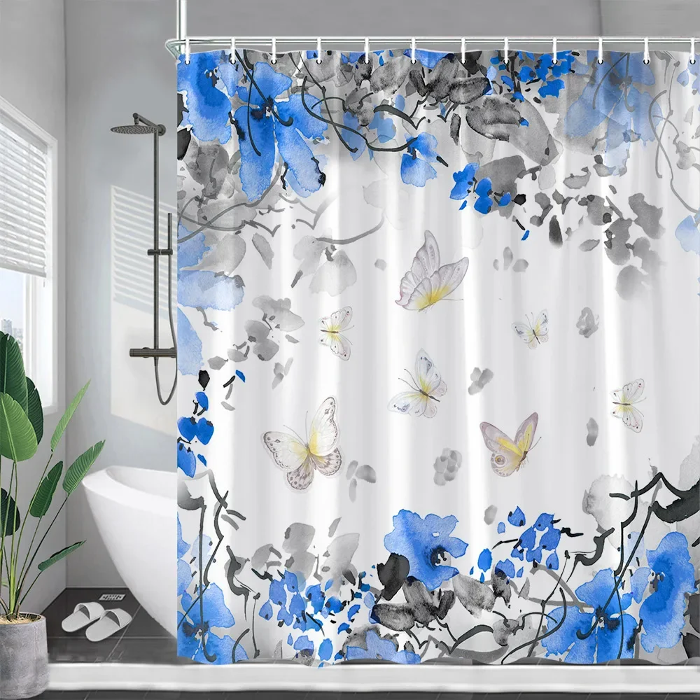 Yellow Floral Shower Curtains Watercolour Flowers Plants Butterfly Creative Ink Art Bath Curtain Fabric Bathroom Decoration Sets