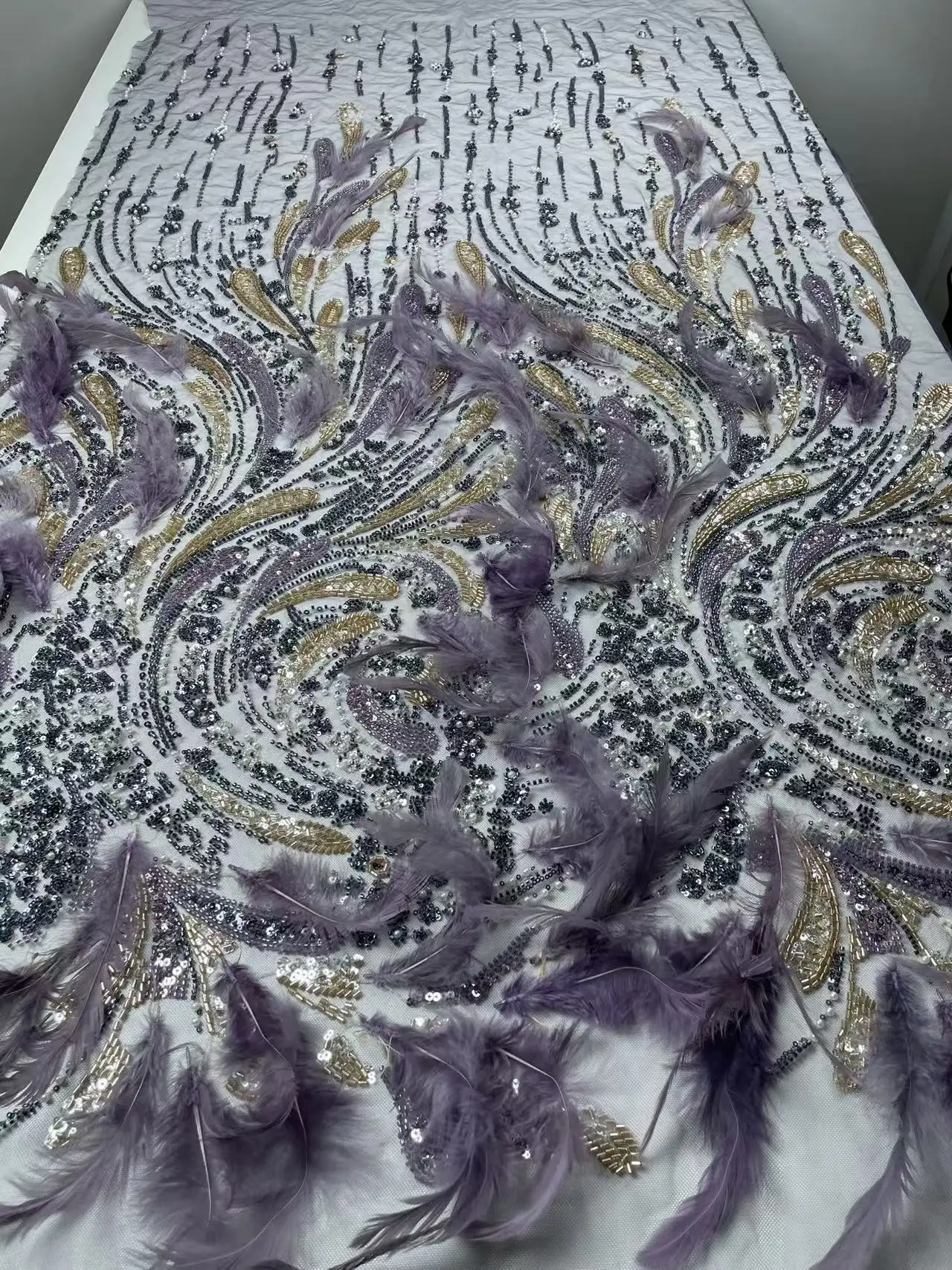 Green 3D Feather Luxury Bridal Wedding Dress Lace Fabric 2025 France Nigeria Beaded Sequins Lace Fabric Wedding Party Material