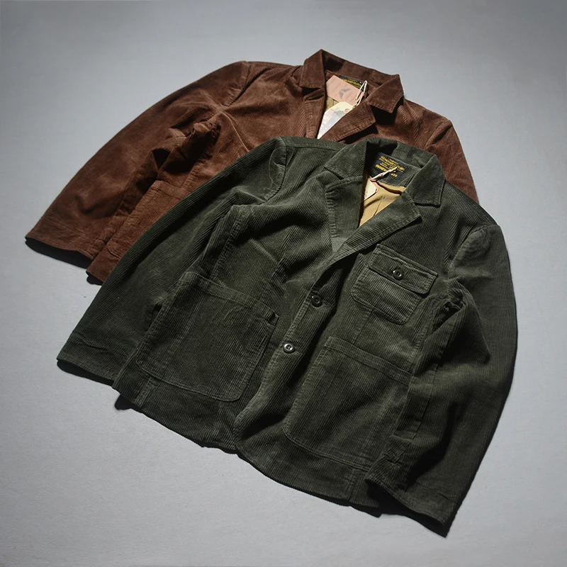 

Autumn Winter American Retro Corduroy Hunting Sle Casual Single Breasted Men's Jaet Loose Fit Stand Size Youth Faion