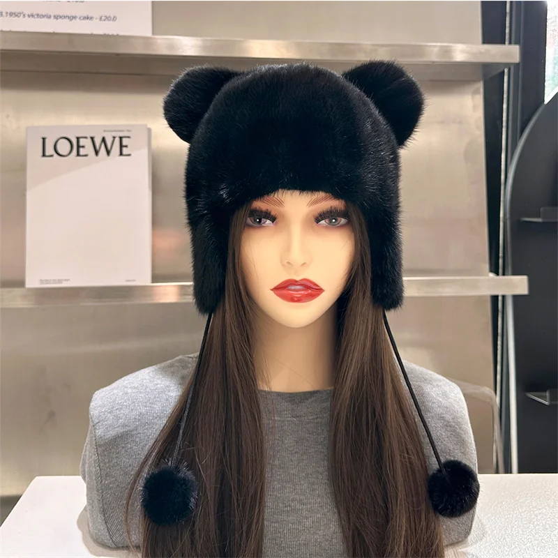 Women's New Fur Hat Russian Winter Natural Luxury Fluffy Mink Warm Hat Cute Bear Ear Fur Ear Cap Fashion Trend Thickened Hat