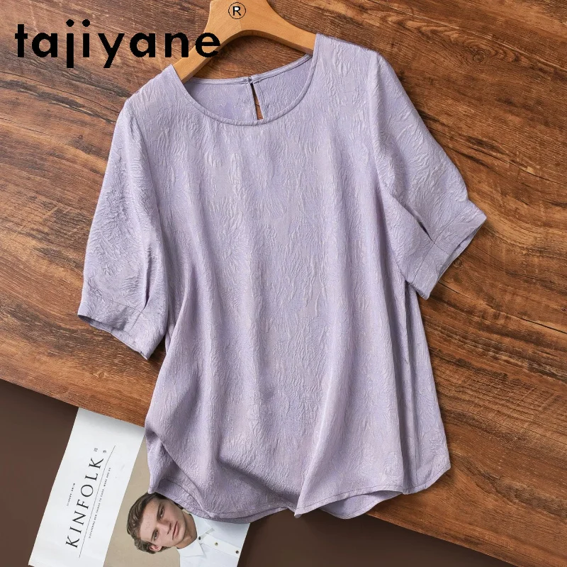 

TAJIYANE 100% Real Mulberry Silk Women T Shirts Elegant Taro Purple Tops for Woman 2026 Short Sleeve T Shirts Summer Clothes топ