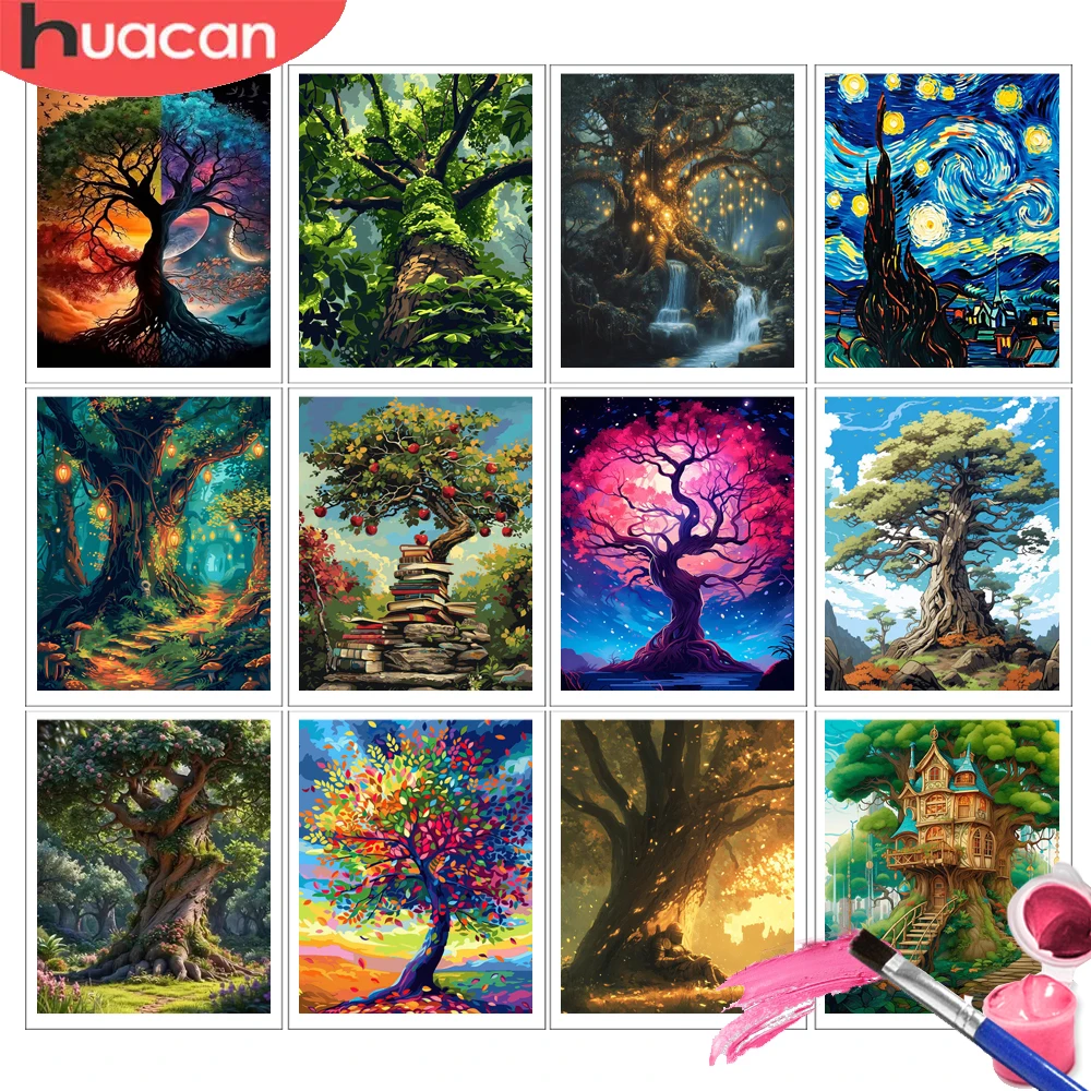 HUACAN Pinturas por Números de Árboles en Lienzo, Paisaje, Manualidades para Adultos, Decoración del Hogar, Kit de Pintura por Números, Pasatiempos
