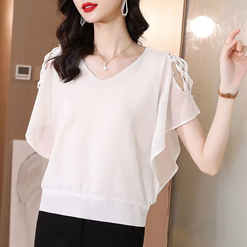 Korean Elegant Batwing Sleeve Chiffon Shirt Summer V-Neck Commute Solid Color Casual Female Clothing Loose Chic Beading Blouse