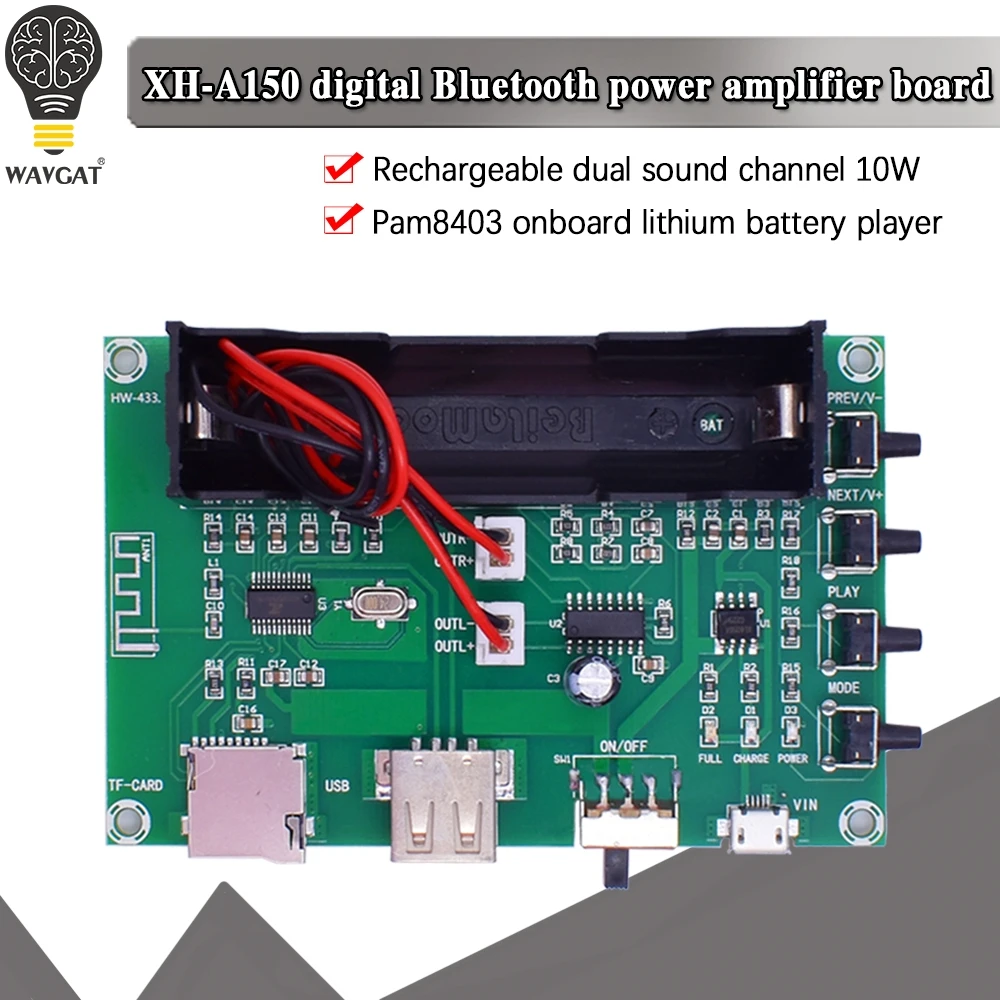 Placa amplificadora de potencia Digital Bluetooth con batería de litio XH-A150, 5W + 5W, potencia bucal, altavoz pequeño DIY recargable para Android