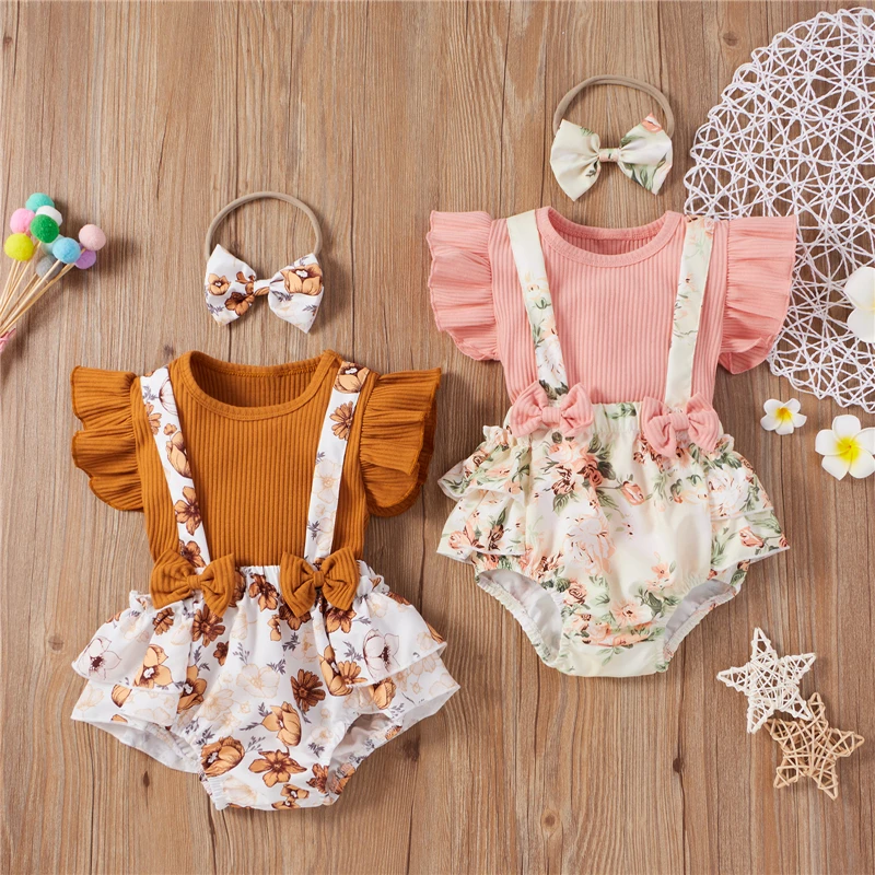 

0-18M Fashion Newborn Baby Girl Summer Short Sleeve Ruffle Top+Floral Suspender Shorts Headband Outfits 3Pcs Clothing Set