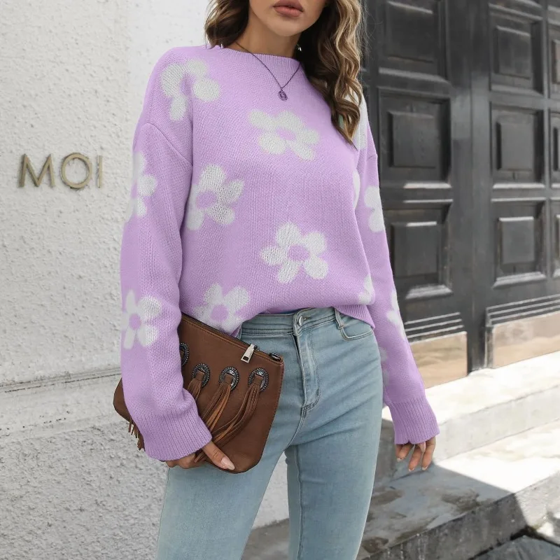 2023 Autumn and Winter Women\'s Round Neck Pullover Flower Long Sleeve Daisy Knitted Sweater Loose Fashion Casual Commuter Tops