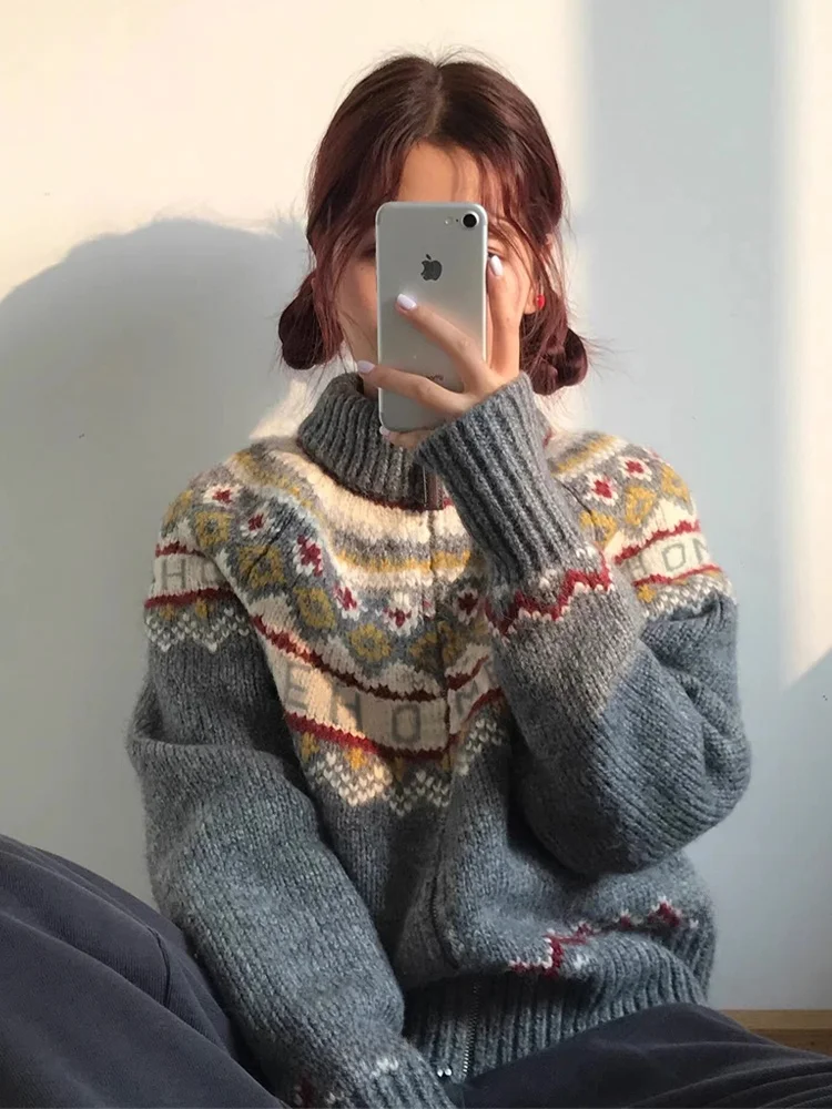 เสื้อไหมพรมถักลาย Fair Isle สำหรับผู้หญิง ฤดูใบไม้ร่วง ฤดูหนาว สไตล์เรโทร สบายๆ เสื้อคลุมคาร์ดิแกนถักสำหรับผู้หญิง